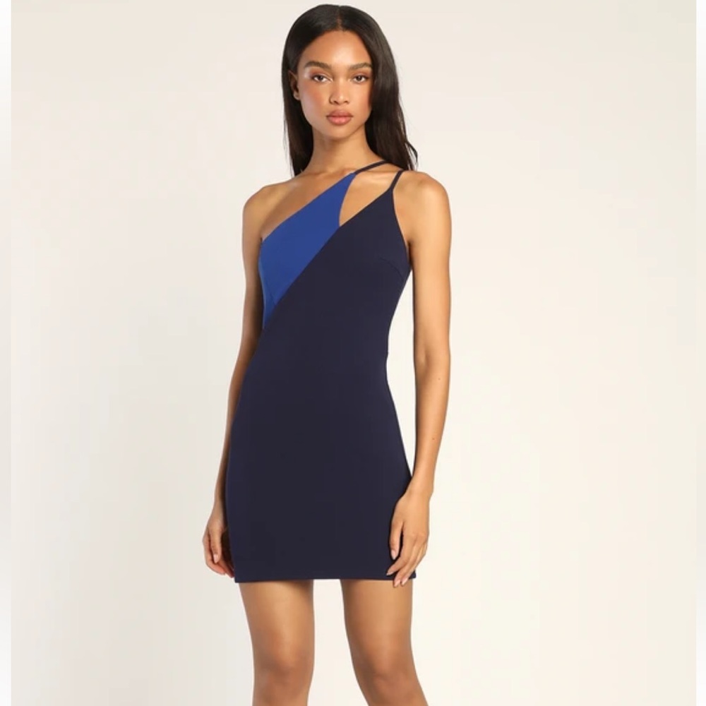 Lulus Navy Blue Color Block One-Shoulder Bodycon Dress- Medium